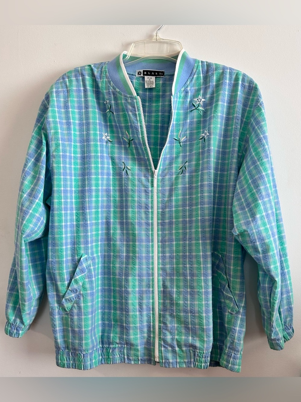 Vintage Blast Plaid Seersucker Jacket Floral Embroidered Pastel by Blair Size 1X